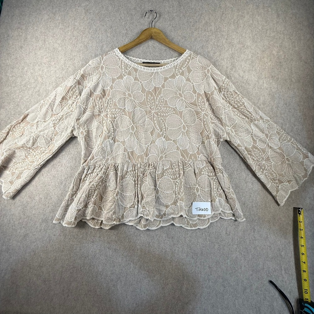Solitaire Womens Large Tan Floral Embroidered Peplum Top Boho Bell Sleeve Top